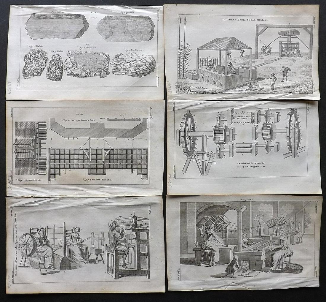 Science & Tech 1756 Lot of 6 Copper Plates: Incl Winding of Silk, Sluice, Smithery, Stocking Frame for Manufacture of Stockings, Sugar Cane/Mill, and Talcs. Copper Plates Published 1754-55, London for "A New and Complete Dictionary of Arts and 