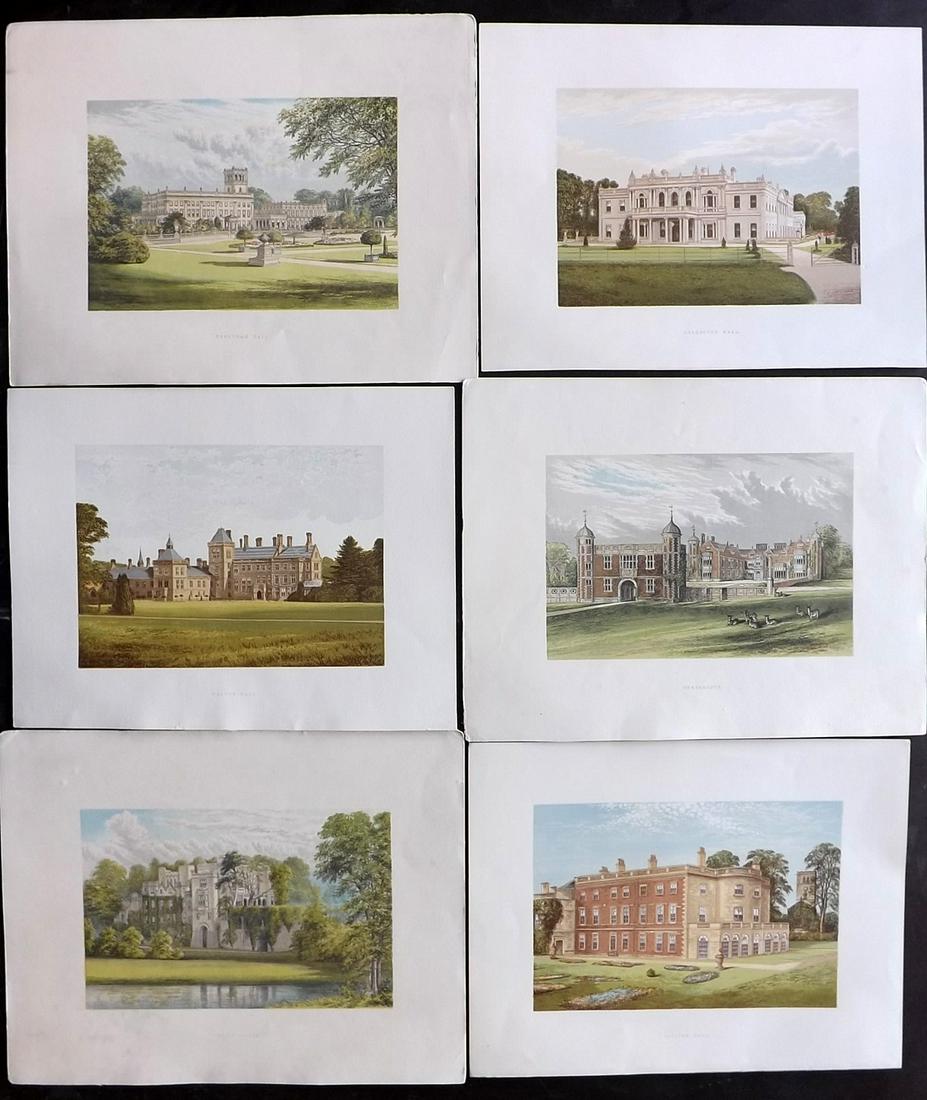 Morris Seats C1870 Lot of 6 Colour Woodblock Views: Color Printed Woodblock Published 1866-1880 by William Mckenzie, London for "Picturesque Views of Seats of Noblemen and Gentlemen of Great Britain and Ireland" by the Rev. F. O. Morris. Printed by Ben