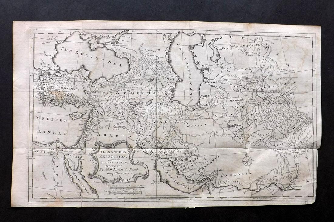 Rollin, Charles 1780 Map of Arabia, Armenia, Black Sea: "Alexander's Expedition" Copper Engraved Map Published 1780, London for "The Ancient History..." by Charles Rollin. Folds as issued. Paper Size: 17.5 x 10.5 inch (25 x 22cm) Minor offsetting and tonin