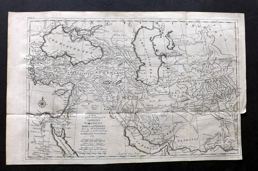 Rollin, Charles 1780 Map of Armenia, Holy Land, Caspian: "History of the Assyrians, Babylonians, Medes and Persians" Copper Engraved Map Published 1780, London for "The Ancient History..." by Charles Rollin. Folds as issued. Paper Size: 17.5 x 10.5 inch (25