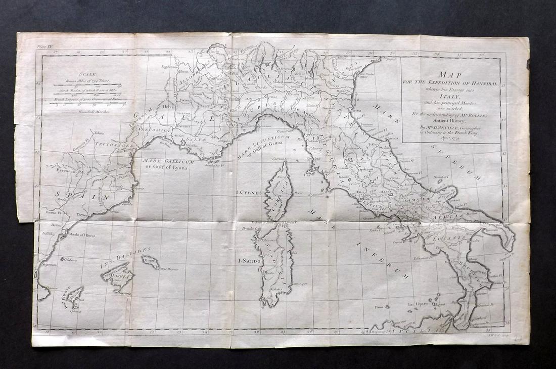 Rollin, Charles 1780 Map of Italy: "Expedition of Hannibal wherein his Passage into Italy" Copper Engraved Map Published 1780, London for "The Ancient History..." by Charles Rollin. Folds as issued. Paper Size: 20 x 12 inch (50 x 30cm)