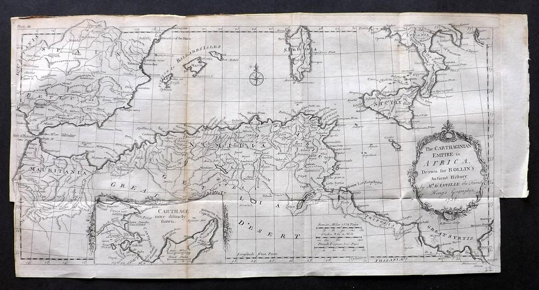 Rollin, Charles 1780 Map of North Africa: "The Carthaginian Empire in Africa" Copper Engraved Map Published 1780, London for "The Ancient History..." by Charles Rollin. Folds as issued. Paper Size: 19 x 9.5 inch (48 x 24cm) Very minor toning.