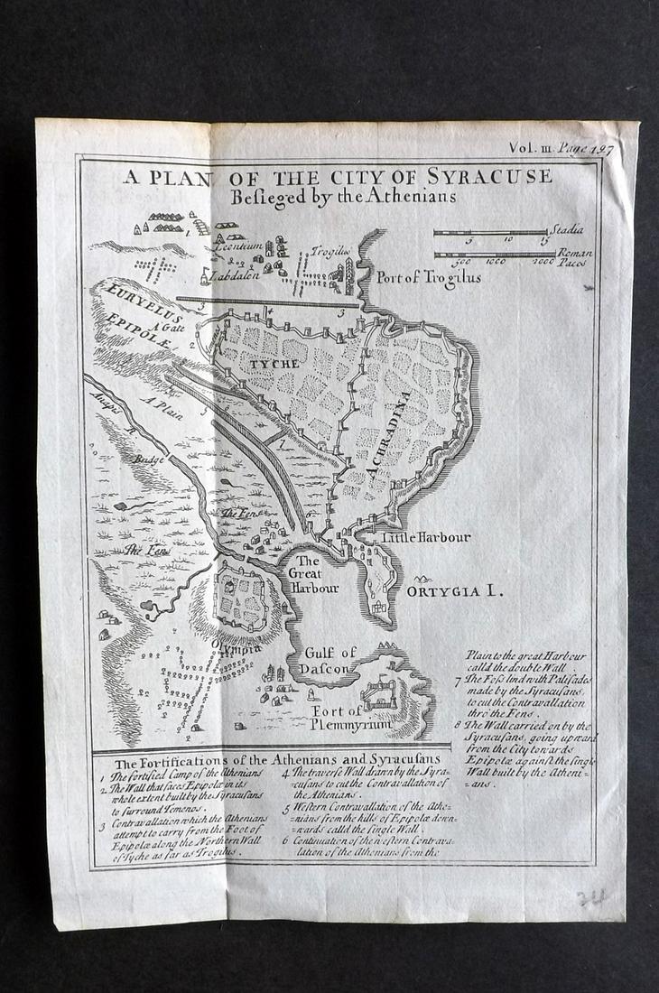 Rollin, Charles 1780 Map of Syracuse, Sicily Italy: Copper Engraved Map Published 1780, London for "The Ancient History..." by Charles Rollin. Fold as issued. Paper Size: 8.5 x 6 inch (22 x 16cm)