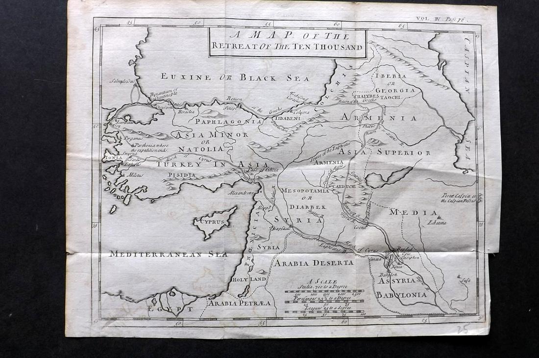 Rollin, Charles 1780 Map of The Black Sea/Mediterranean: "The Retreat of the Ten Thousand" Copper Engraved Map Published 1780, London for "The Ancient History..." by Charles Rollin. Folds as issued. Paper Size: 12.5 x 10 inch (32 x 26cm) Minor offsetting an