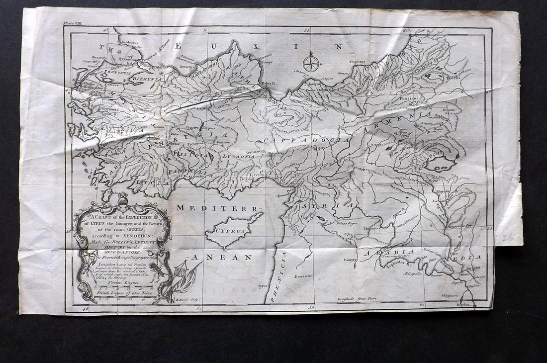 Rollin, Charles 1780 Map of The Holy Land: "Chart of the Expedition of Cyrus..." Copper Engraved Map Published 1780, London for "The Ancient History..." by Charles Rollin. Folds as issued. Paper Size: 15 x 9.5 inch (38 x 24cm) Several closed t