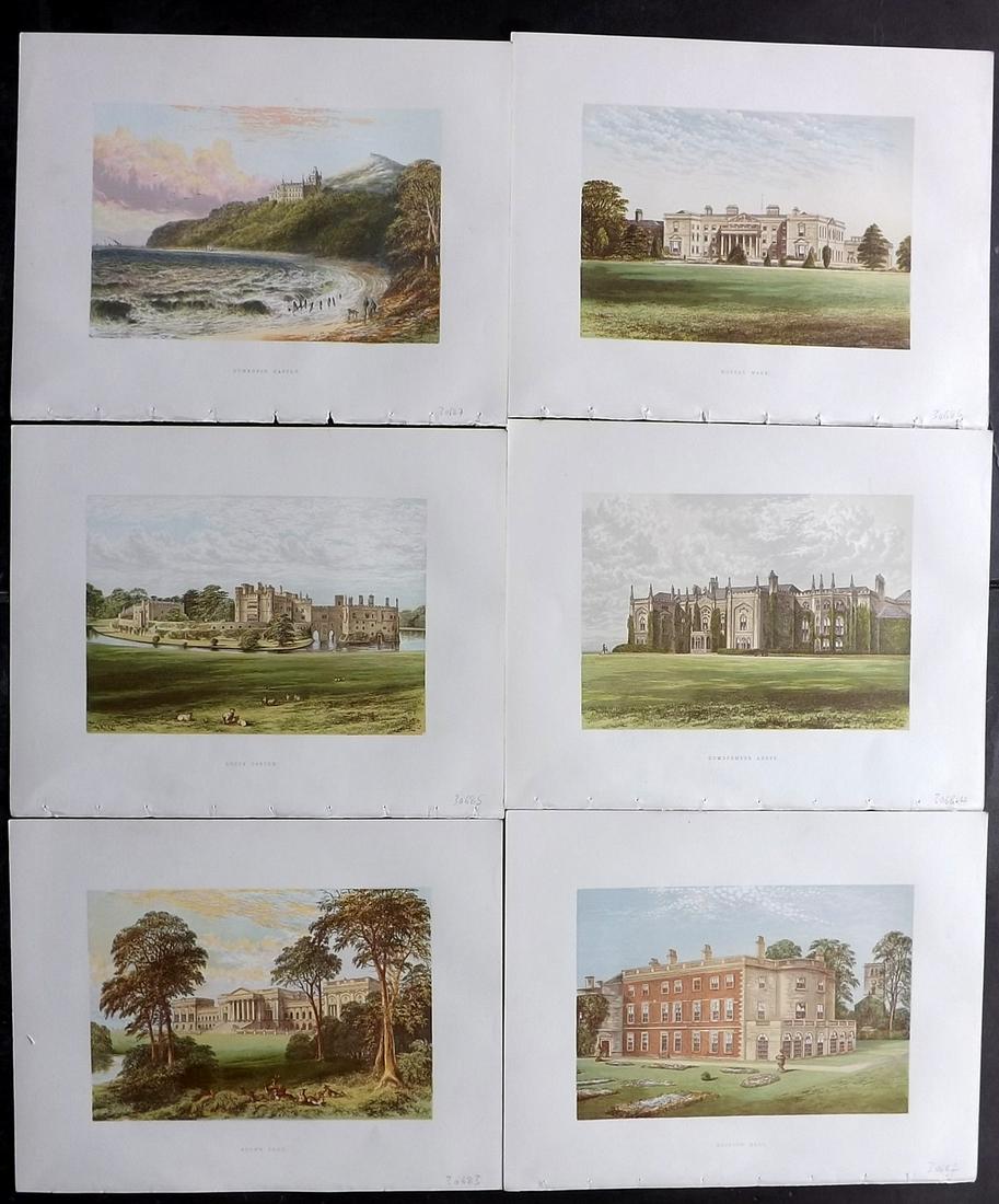 Morris Seats C1870 Lot of 6 Colour Woodblock Views: Color Printed Woodblock Published 1866-1880 by William Mckenzie, London for "Picturesque Views of Seats of Noblemen and Gentlemen of Great Britain and Ireland" by the Rev. F. O. Morris. Printed by Ben