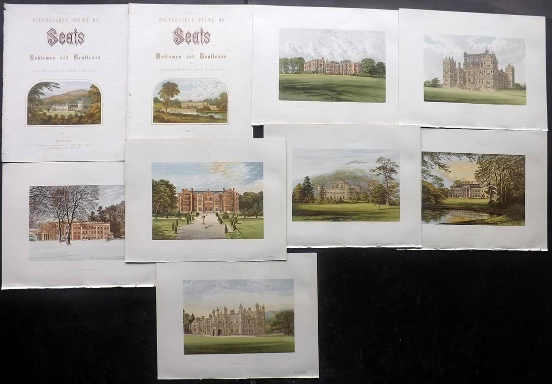 Morris Seats C1870 Lot of 9 Colour Woodblock Views: Two are illustrated Title Pages. Color Printed Woodblock Published 1866-1880 by William Mckenzie, London for "Picturesque Views of Seats of Noblemen and Gentlemen of Great Britain and Ireland" by the 