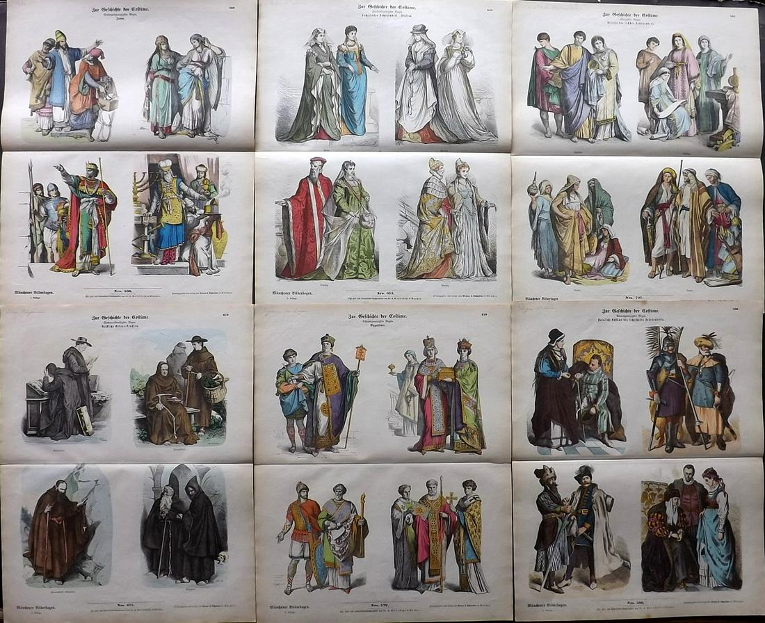 Braun & Schneider (Pub) C1870 Lot of 6 LG HCol Costume: Incl Poland, Christian Arabs, Jewish Costume, Byzantine, Italy and Belgian Monks. Double Page Wood Engraving Published 1861-80 by Braun and Schneider, Munich for "Zur Geschichte der Costume" Fine hand