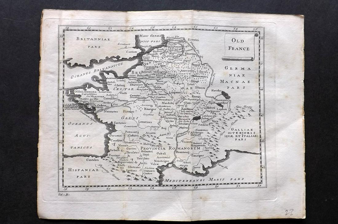 Rollin, Charles 1780 Map of Old France: Copper Engraved Map Published 1780, London for "The Ancient History..." by Charles Rollin. Folds as issued. Paper Size: 8.5 x 6 inch (22 x 16cm)