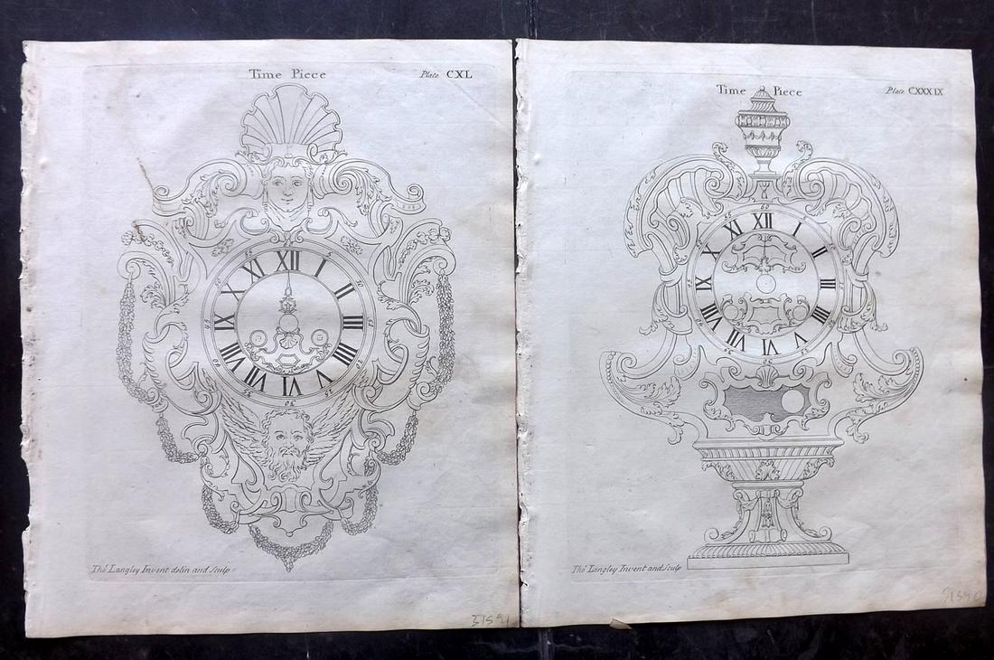 Langley, Batty 1750 Pair of Prints. Time Piece Horology (1 of 2)