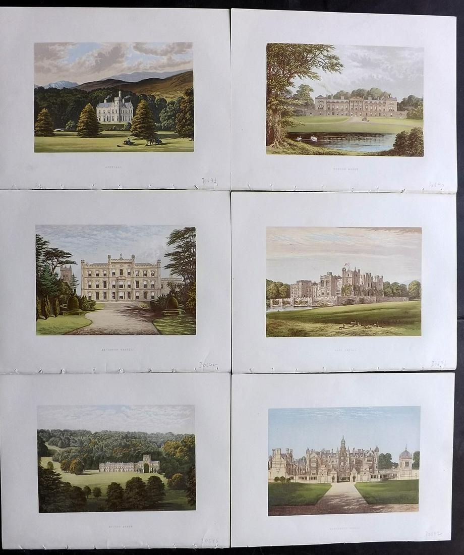 Morris Seats C1870 Lot of 6 Colour Woodblock Views: Color Printed Woodblock Published 1866-1880 by William Mckenzie, London for "Picturesque Views of Seats of Noblemen and Gentlemen of Great Britain and Ireland" by the Rev. F. O. Morris. Printed by Ben