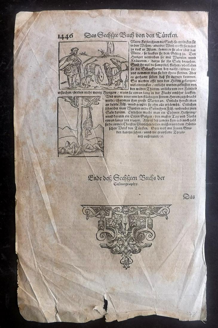 Munster, Sebastian C1580 Early Woodcut. Historical: Woodcut Published 1544-1628 for the "Cosmographia" by Sebastian Munster. Printed both sides. Paper Size: Up to 14 x 9 inch (37 x 23cm) Some toning. Bottom margin tear.