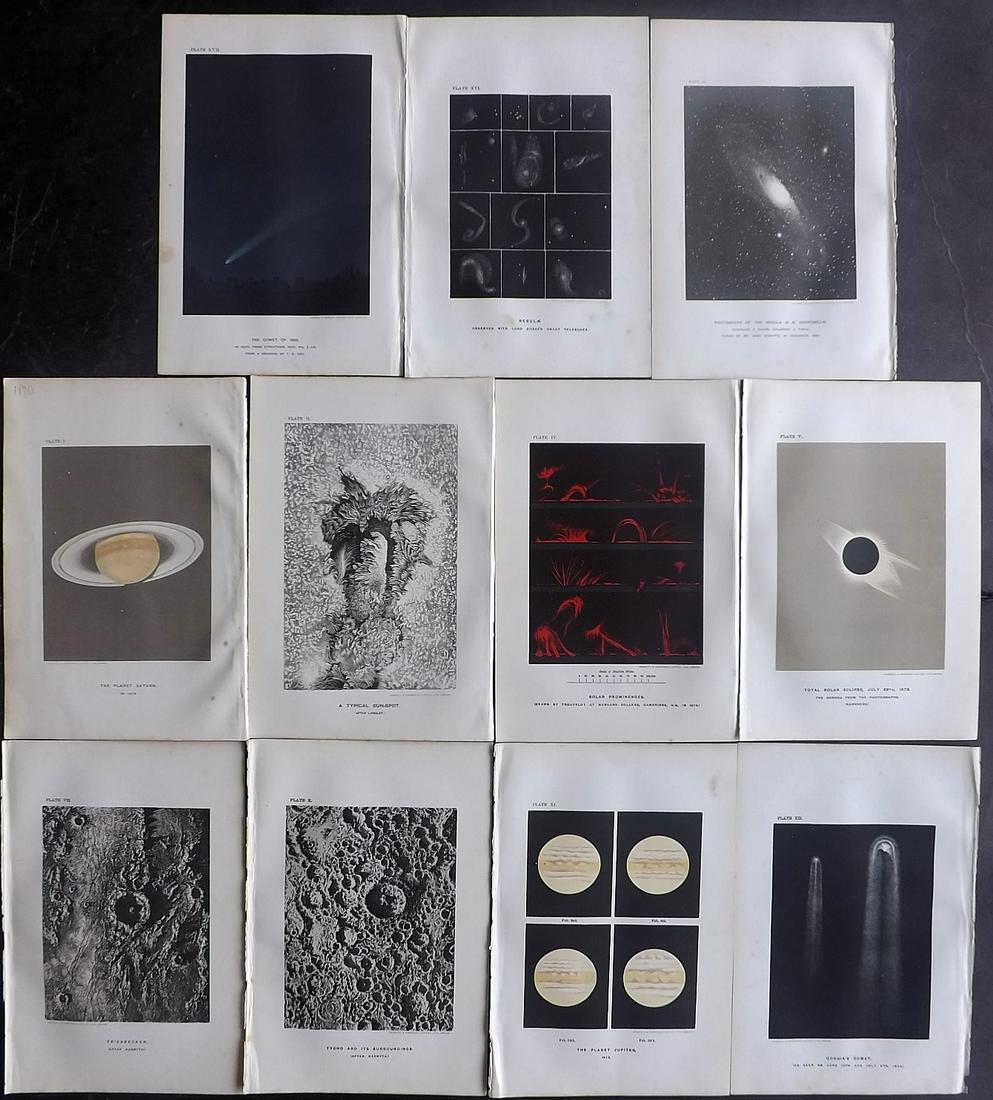 Ball, Robert Stawell 1890 Lot of 11 Astronomy Prints: Lithographs Published 1890, London for "The Story of the Heavens" by Sir Robert Stawell Ball. Paper Size: 9 x 6 inch (23 x 15cm) Minor margin toning in parts. Good condition