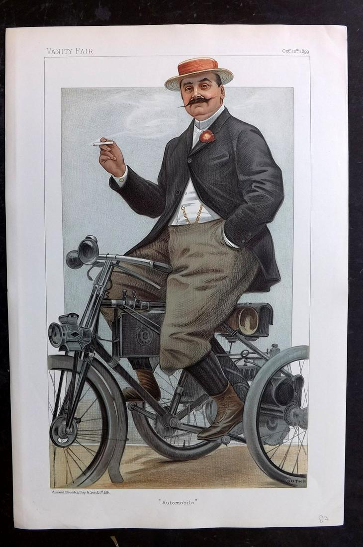 Vanity Fair Print 1899 The Comte De Dion, Automobile: Chromolithograph Published 1869-1914, London for "Vanity Fair" Paper Size: 15 x 11 inch (38 x 28cm) Good Condition