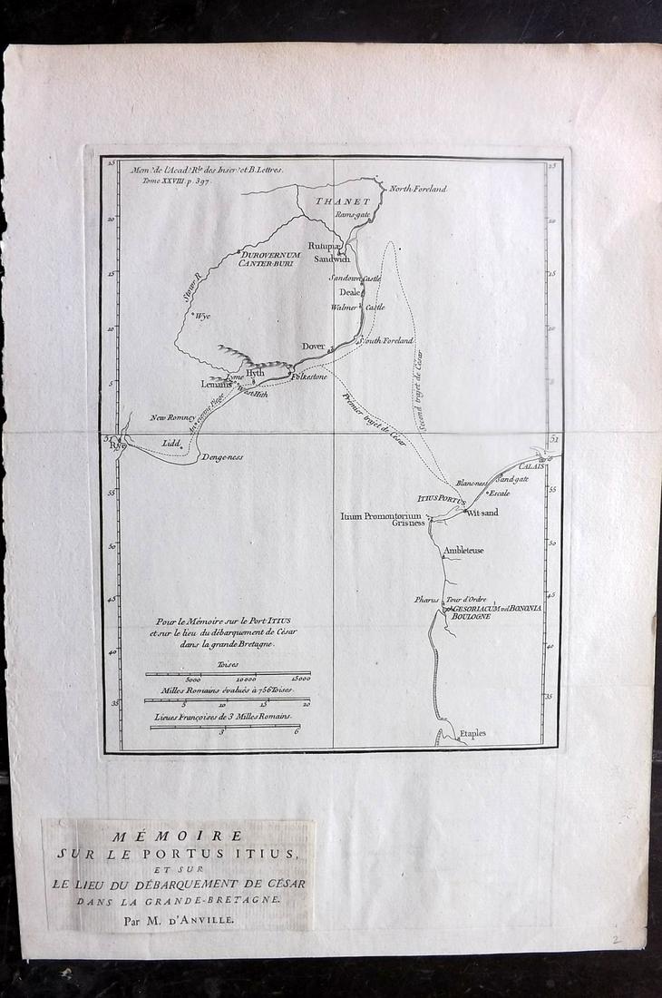 d'Anville, Jean Baptiste C1760 Map Kent English Channel: Map of Kent, showing Isle of Thanet, Dover, Canterbury, Hythe. Also showing Northern France - Calais, Boulogne etc. Copper Engraved Map Published 1736-1808, Paris for "Histoire de l'Acade?mie royale d
