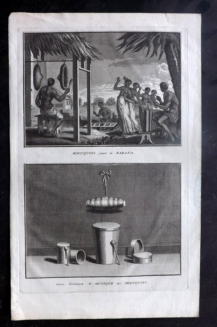 Picart, Bernard C1730 East Indies Dance, Instruments: "Moluquois jouant du Rabana" and "Divers Instruments de Musique des Moluquois" Folio Copper Plate Published 1723-43 Amsterdam for "Cérémonies et coutumes religieuses de tous les peuples du monde" By