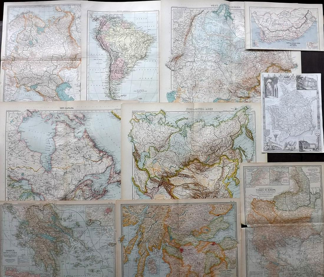 Maps C1840-1905 Mixed Lot of 10 Antique Maps: Incl Cape of Good Hope, Monmouthshire, South America, North Asia, East Canada, West Siberia, Scotland, Greece, Russia, and Turkey. Examples by Encyclopaedia Brittannica, Stieler, Butler, and Moule. Pa