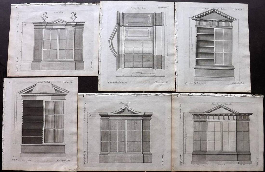 Langley, Batty 1750 Lot of 6 Prints of Bookcases: Copper Plates Published 1750, London for "The City and Country Builder's and Workman's Treasury of Designs: Or the Art of Drawing and Working The Ornamental Parts of Architecture" by Batty Langley. En