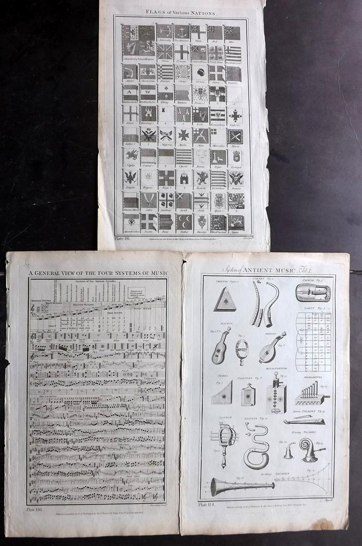 Howard, George 1796 Lot of 3 Folio Prints. Music, Flags: Folio Copper Plates Published 1796, London for "The New Royal Encyclopaedia Londinensis" by George Selby Howard. Paper Size: 16.5 x 10 inch (42 x 26cm) Some minor tone spotting. Good Condition