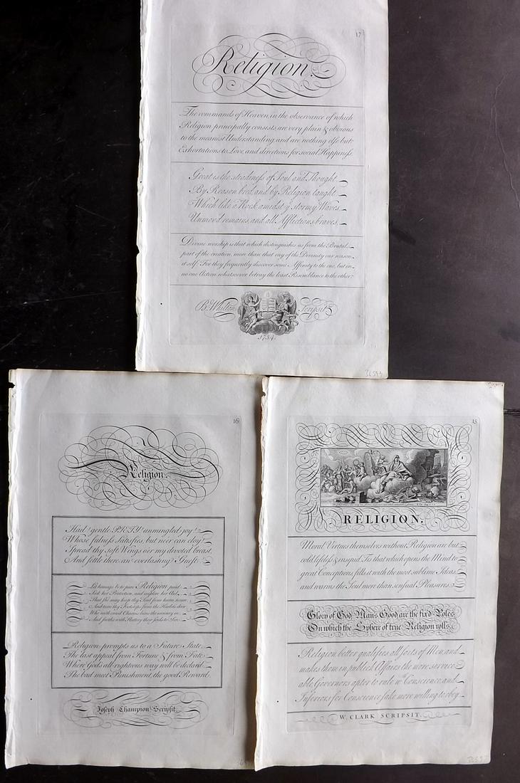 Bickham, George 1743 Lot of 3 Religious Calligraphy: Folio Copper Plates Published 1743 London for "The Universal Penman" by George Bickham. Paper Size: 16 x 10 inch (40 x 25cm) Minor wormholing in margins. Fine within platemark