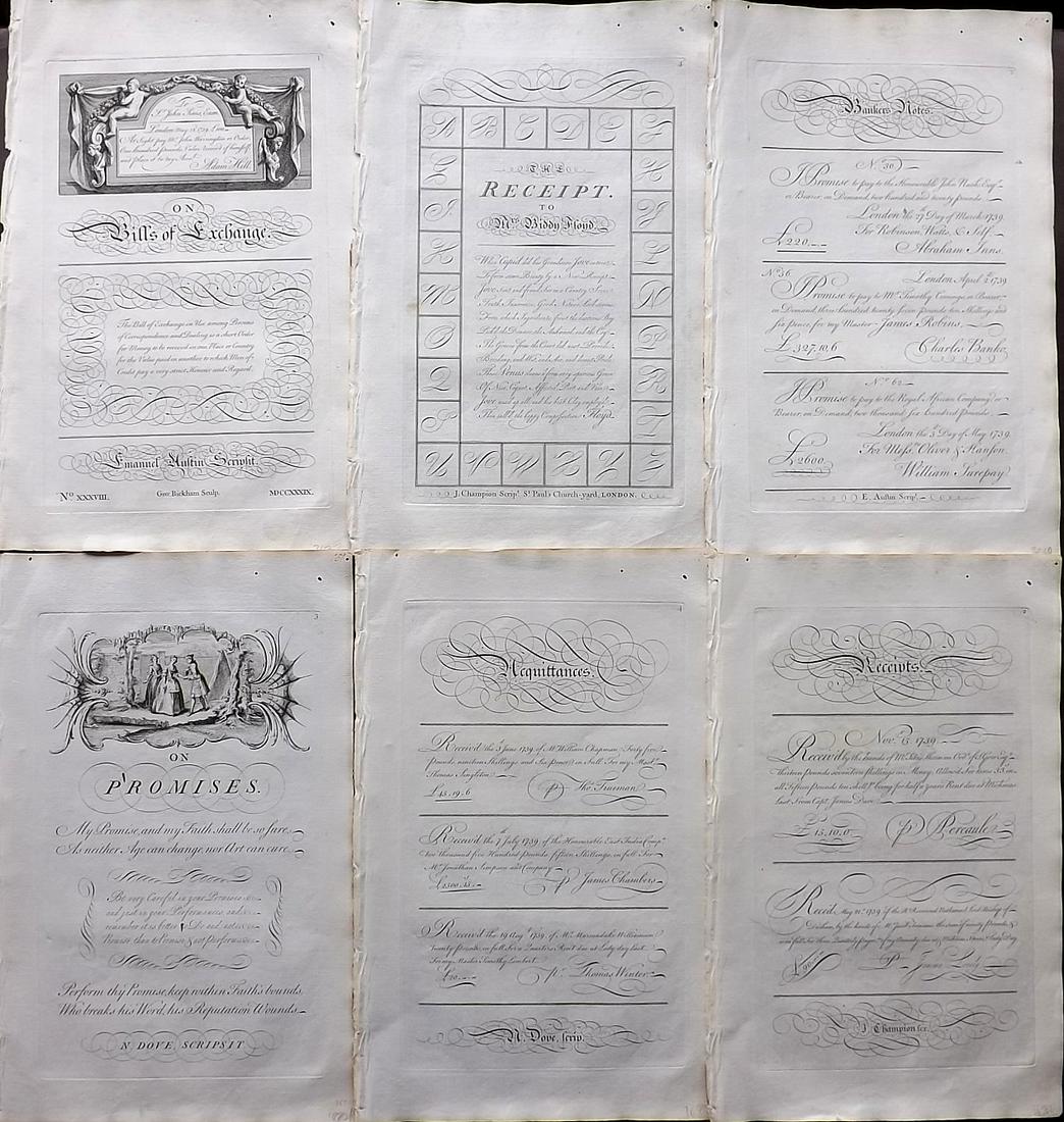 Bickham, George 1743 Lot of 6 Calligraphy Prints (1 of 2)