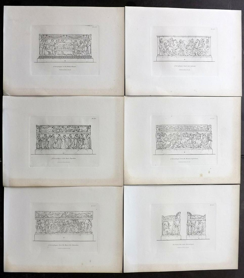 Moses, Henry 1840s Lot of 6 Prints. Sarcophagus: Etchings Published Originally Published 1814, London for "A Collection of Antique Vases..." by Henry Moses. This Edition Published by Henry G. Bohn, 1840's. Paper Size: 8.5 x 7 inch (22 x 18cm) Good C