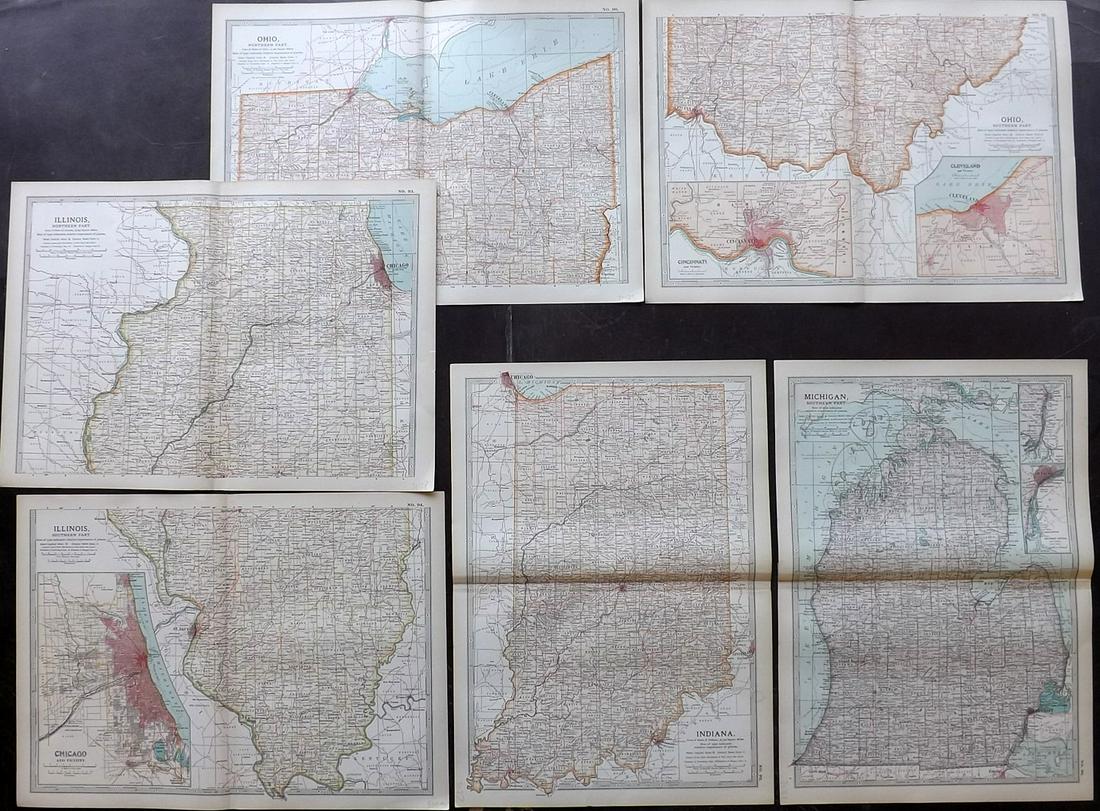 US State Maps 1903 Lot of 6. Illinois, Ohio, Michigan (1 of 2)