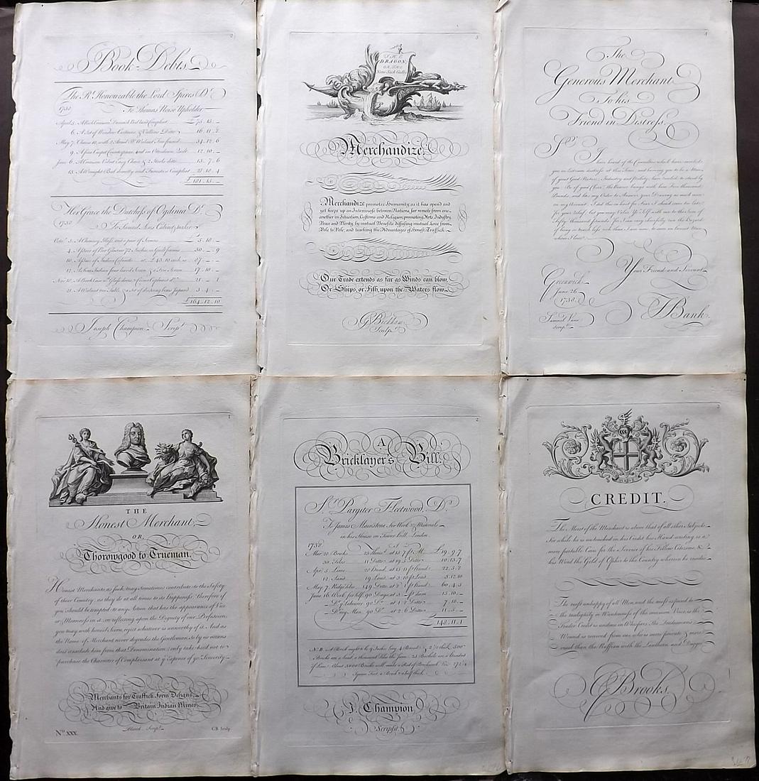 Bickham, George 1743 Lot of 6 Calligraphy Prints (1 of 2)