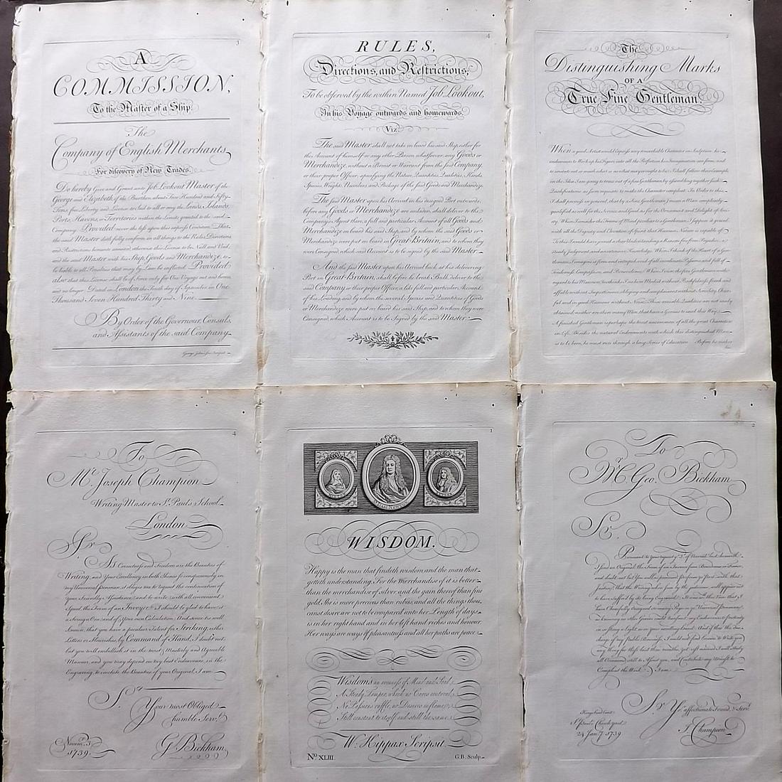 Bickham, George 1743 Lot of 6 Calligraphy Prints (1 of 2)