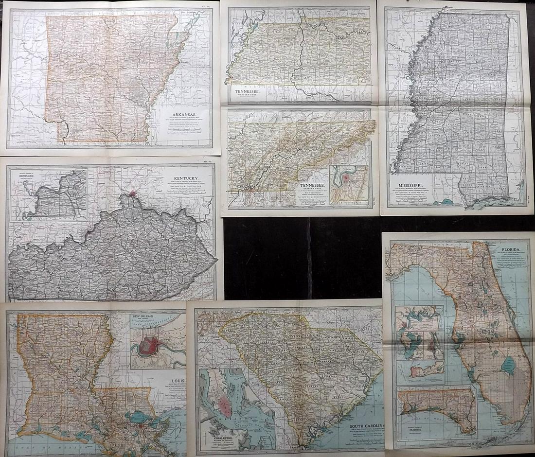 USA 1903 Lot of 7 State Maps. FL, SC, KY, TN, MS, AR LA (1 of 2)