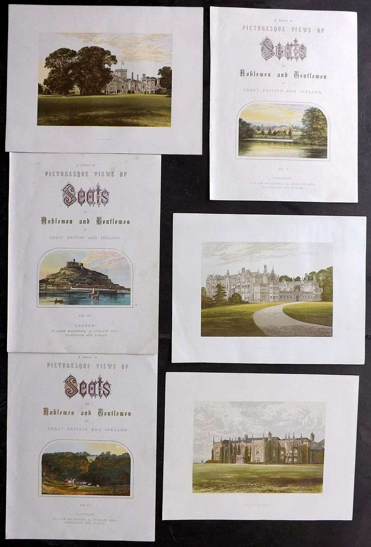 Morris Seats C1870 Lot of 6 Colour Woodblock Views: Color Printed Woodblock Published 1866-1880 by William Mckenzie, London for "Picturesque Views of Seats of Noblemen and Gentlemen of Great Britain and Ireland" by the Rev. F. O. Morris. Printed by Ben