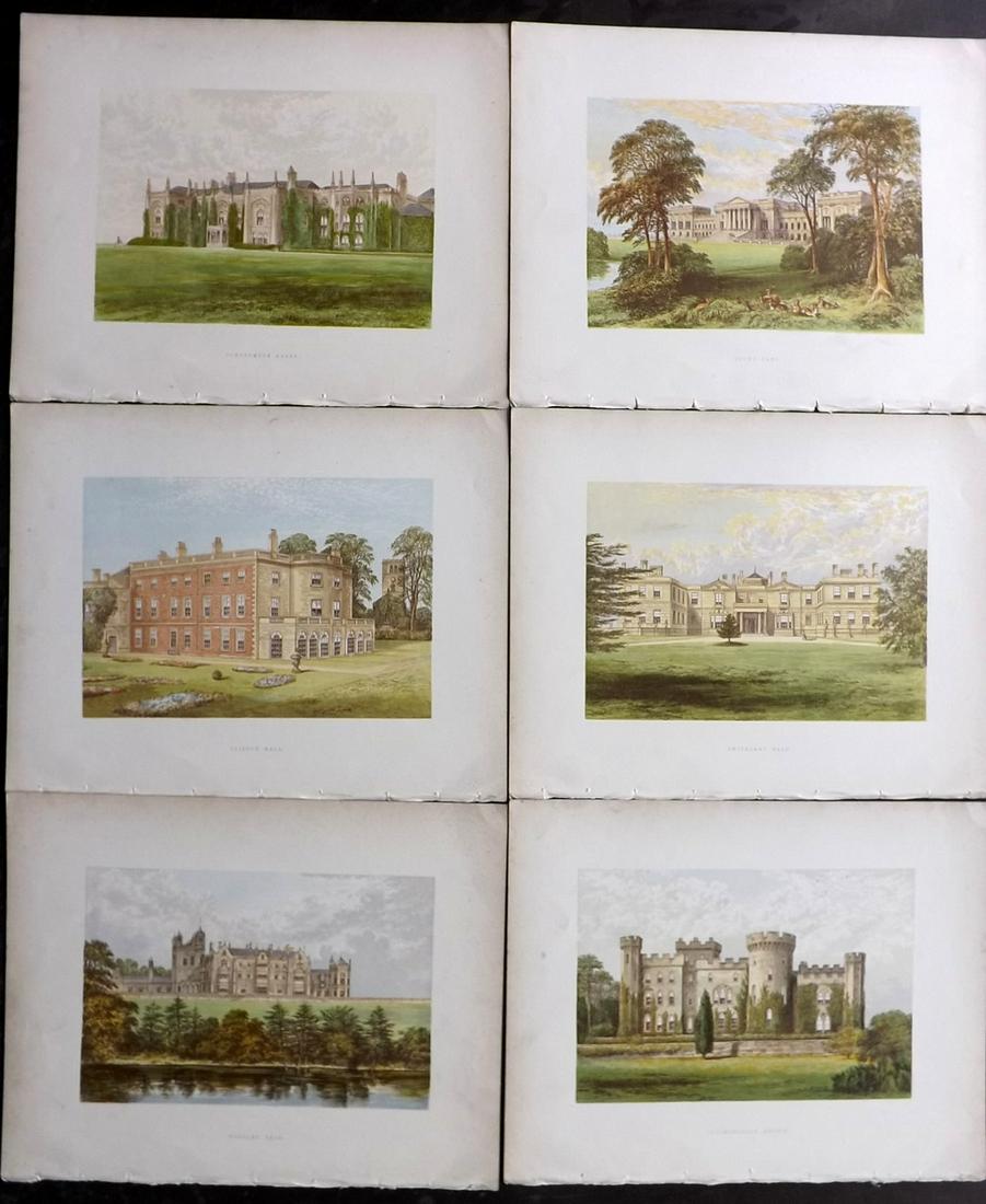 Morris Seats C1870 Lot of 6 Colour Woodblock Views: Color Printed Woodblock Published 1866-1880 by William Mckenzie, London for "Picturesque Views of Seats of Noblemen and Gentlemen of Great Britain and Ireland" by the Rev. F. O. Morris. Printed by Ben