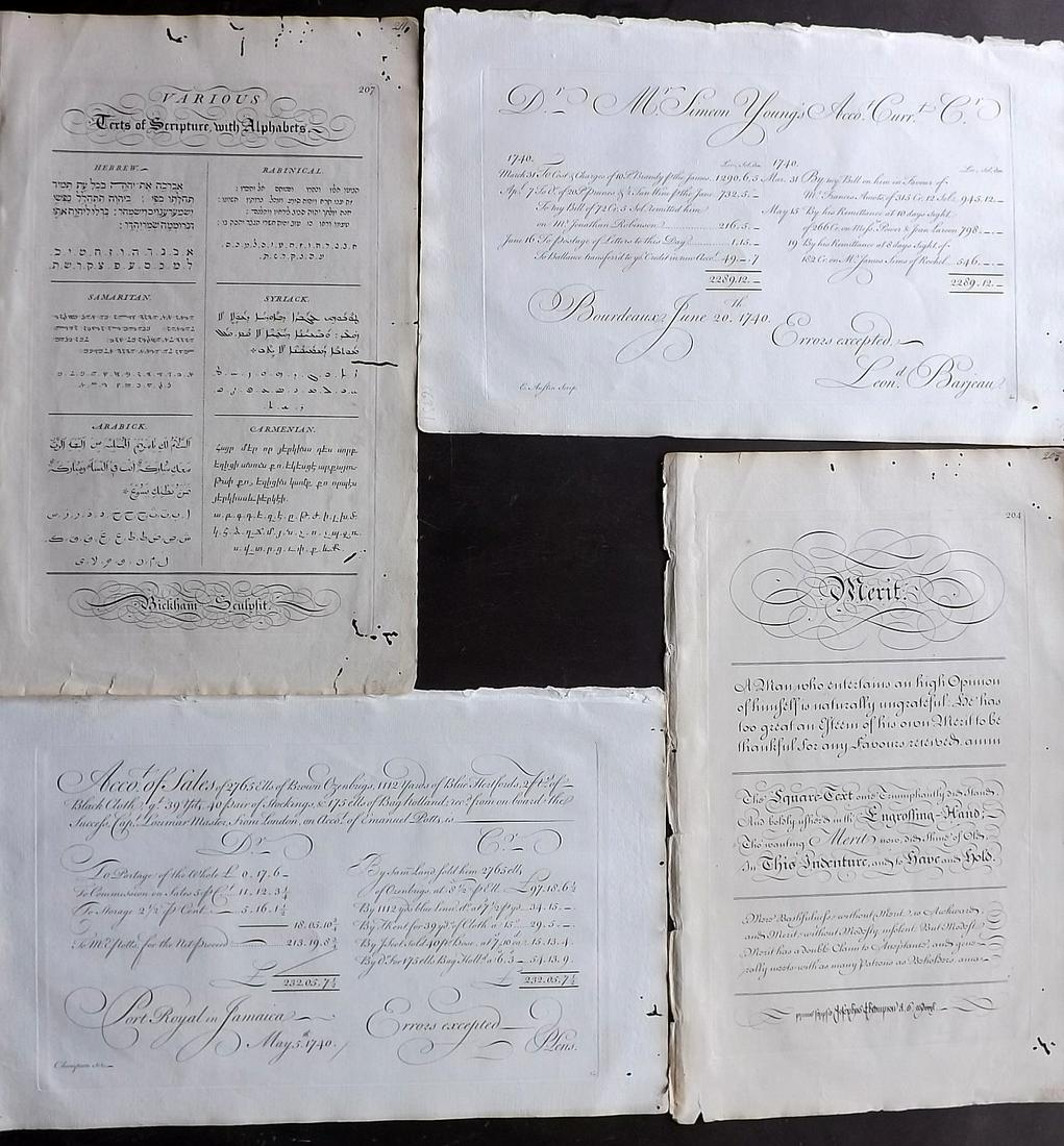 Bickham, George 1743 Lot of 4 Calligraphy Prints: Folio Copper Plates Published 1743 London for "The Universal Penman" by George Bickham. Paper Size: 16 x 10 inch (40 x 25cm) Minor wormholing in margins. Fine within platemark