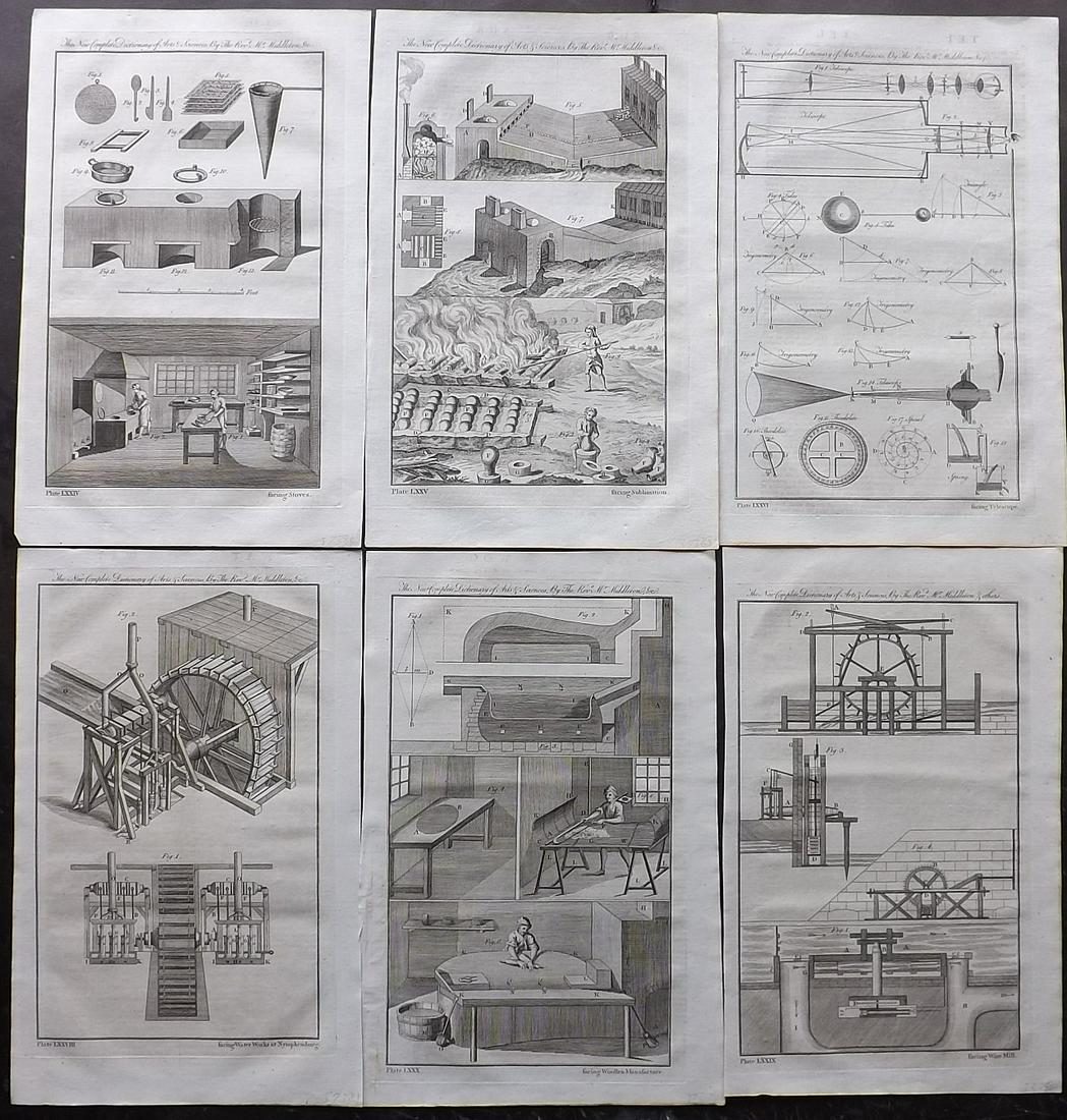 Middleton, Erasmus 1778 Lot of 6 Folio Science Prints: Incl Stoves, Sublimation, Telescope, Water Works, Wire Mill and Manufacture. Folio Copper Plates Published 1778, London for "The New Complete Dictionary of Arts and Sciences" by the Rev. Erasmus Middl