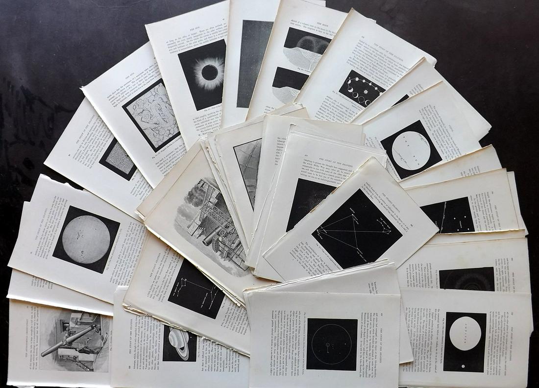 Ball, Robert 1890's Lot of 64 Sheets. Astronomy: 64 sheets in total, most printed both sides. Occasional duplicates. Wood Engravings and Lithos Published 1890's, London for "The Story of the Heavens" by Sir Robert Stawell Ball. Text to verso. Paper 