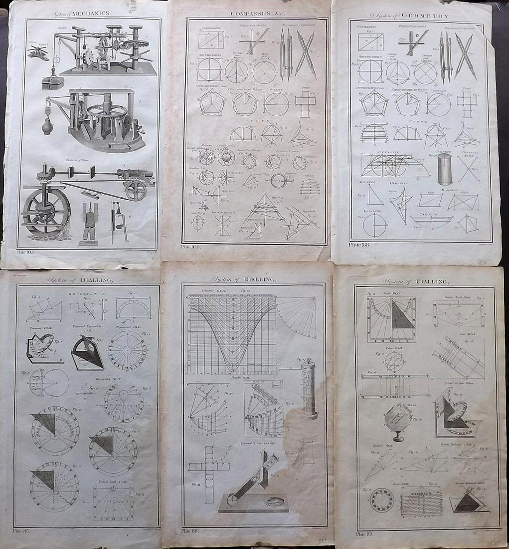 Howard, George 1796 Lot of 6 Science/Tech Prints: Incl Mechanics, Compasses, Geometry, and Dialling. Copper Plates Published 1796, London for "The New Royal Encyclopaedia Londinensis" by George Selby Howard. Paper Size: 16.5 x 10 inch (42 x 26cm) Som