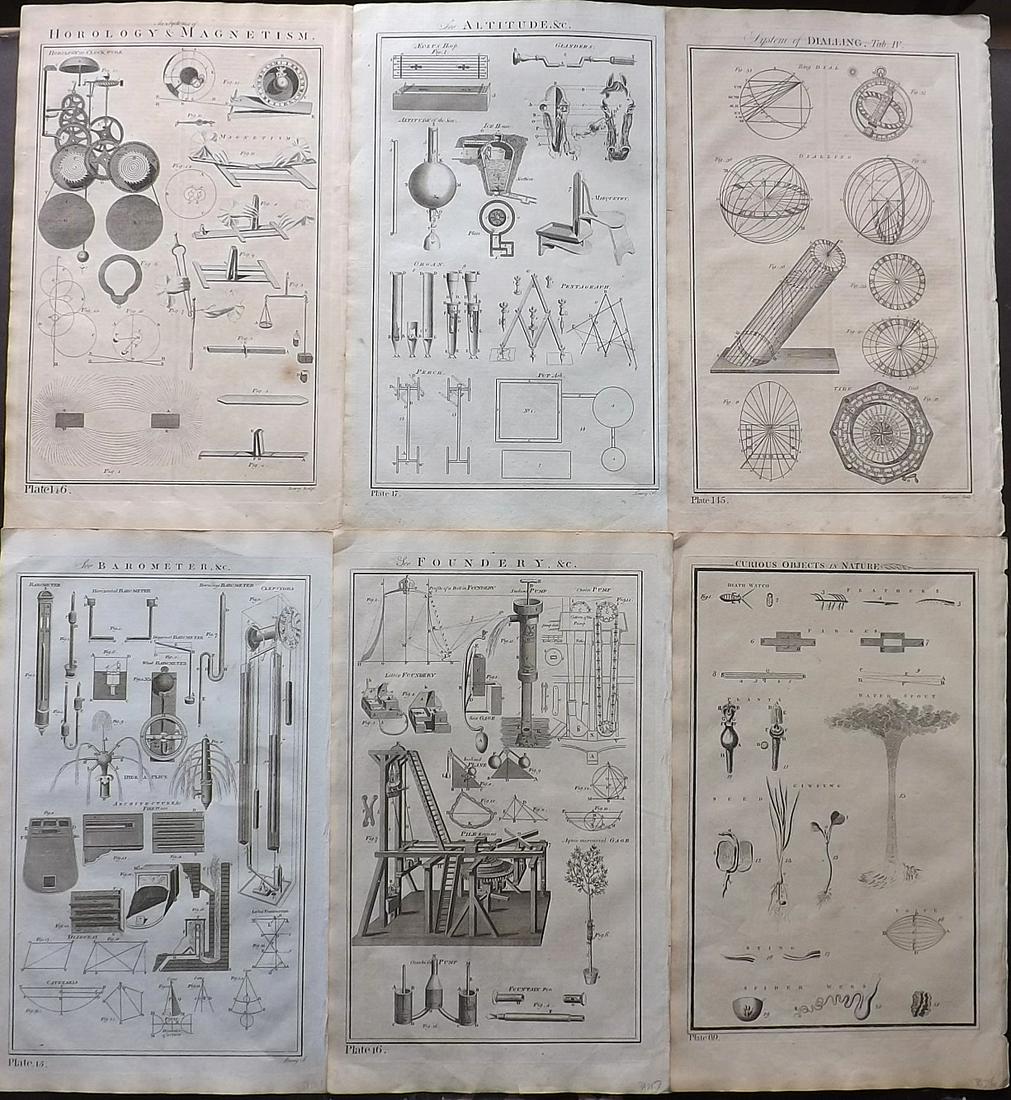 Howard, George 1796 Lot of 6 Science/Tech Prints: Incl Horology/Magenetism, Altitudes, Dialling, Baromoter, Curious Objects in Nature, and Foundery. Copper Plates Published 1796, London for "The New Royal Encyclopaedia Londinensis" by George Selby Ho