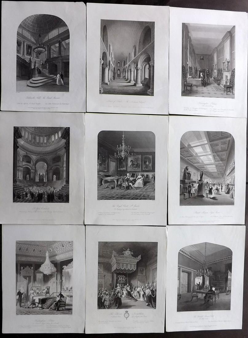 London Interiors 1844 Lot of 9 Steel Engravings: Steel Engravings Published 1841-4 by Joseph Mead, London for "London Interiors" Paper Size: 10.5 x 8 inch (27 x 21cm) Good Condition