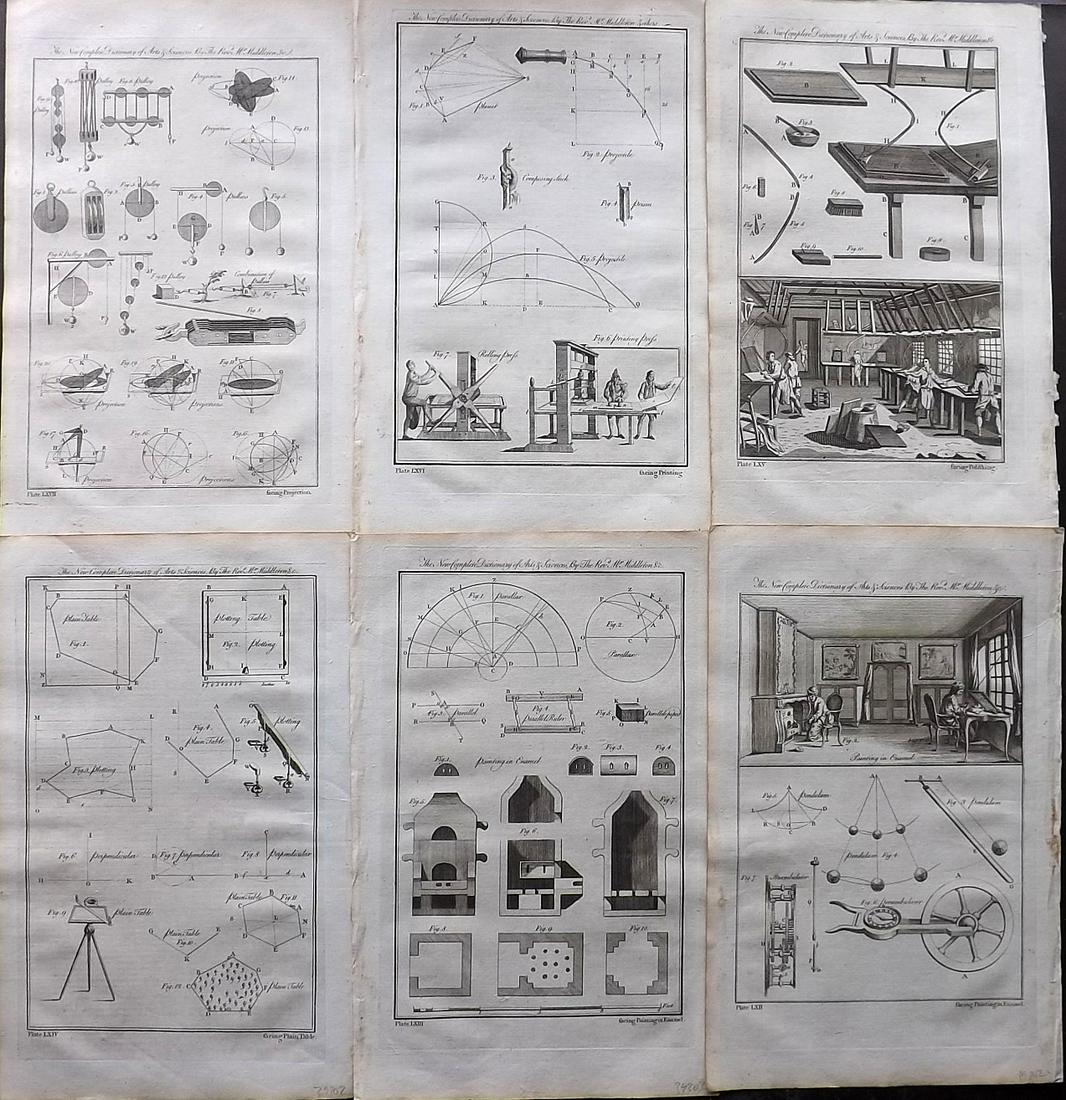Middleton, Erasmus 1778 Lot of 6 Science Prints: Incl Projection, Printing, Polishing, Plain Table, and Painting in Enamel. Folio Copper Plates Published 1778, London for "The New Complete Dictionary of Arts and Sciences" by the Rev. Erasmus Middlet