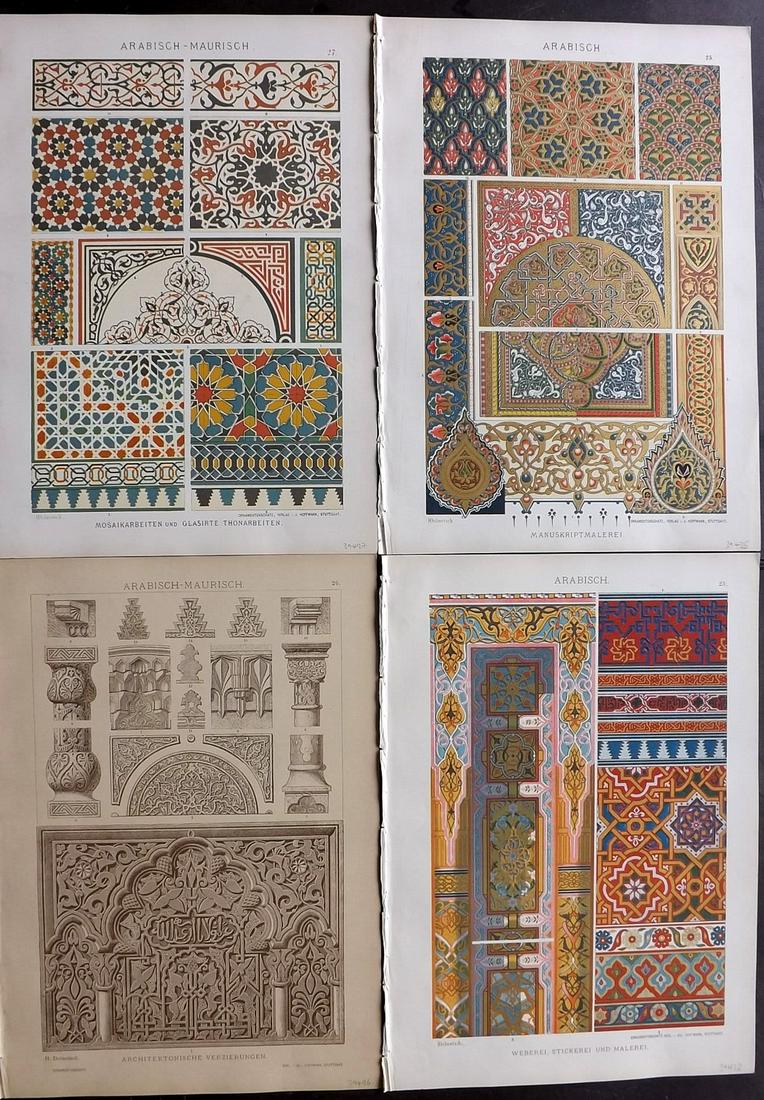 Dolmetsch, Heinrich 1895 Lot of 4. Arabian, Moorish: Chromolithographs Published 1889, Stuttgart for "Der Ornamentenschatz Ein Musterbuch Stilvoller aus Allen Kunstepochen" by Heinrich Dolmetsch. Paper Size: 13.5 x 9.5 inch (33 x 23cm) Good Condition