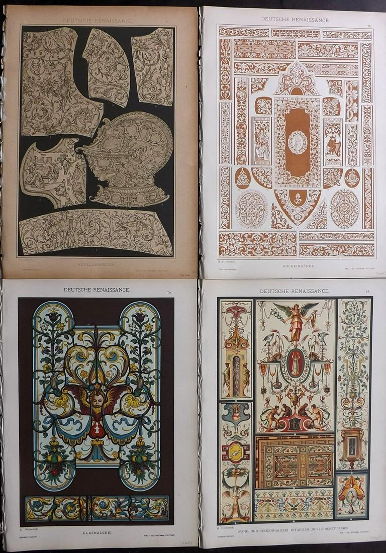 Dolmetsch, Heinrich 1895 Lot of 4. German Renaissance: Chromolithographs Published 1889, Stuttgart for "Der Ornamentenschatz Ein Musterbuch Stilvoller aus Allen Kunstepochen" by Heinrich Dolmetsch. Paper Size: 13.5 x 9.5 inch (33 x 23cm) Good Condition