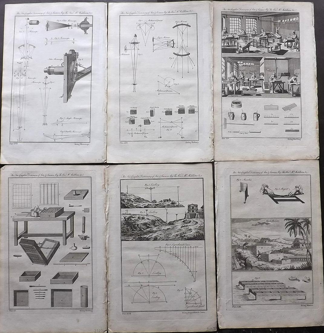 Middleton, Erasmus 1778 Lot of 6 Science Prints: Incl Microscope, Masonry, Marbling, Manioc and Logarithmic Curve. Folio Copper Plates Published 1778, London for "The New Complete Dictionary of Arts and Sciences" by the Rev. Erasmus Middleton and ot