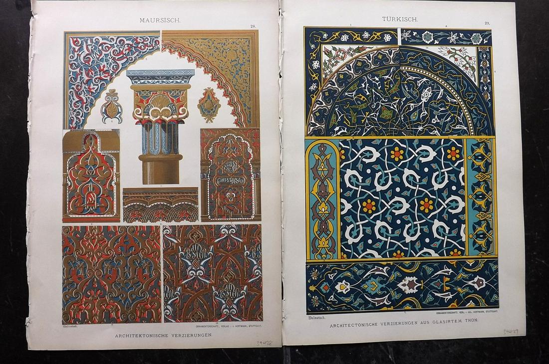 Dolmetsch, Heinrich 1895 Pair Prints. Turkish & Moorish: Chromolithographs Published 1889, Stuttgart for "Der Ornamentenschatz Ein Musterbuch Stilvoller aus Allen Kunstepochen" by Heinrich Dolmetsch. Paper Size: 13.5 x 9.5 inch (33 x 23cm) Good Condition