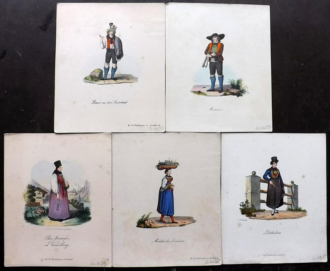 Czichna, Carl C1850 Lot of 5 HC Austrian Costume Prints: Hand Colored Lithographs Published C1850 by Franz Unterberger. Lithographed by Carl Alexander Czichna. Paper Size: 7.5 x 6 inch (19 x 16cm) Some toning present, image fine