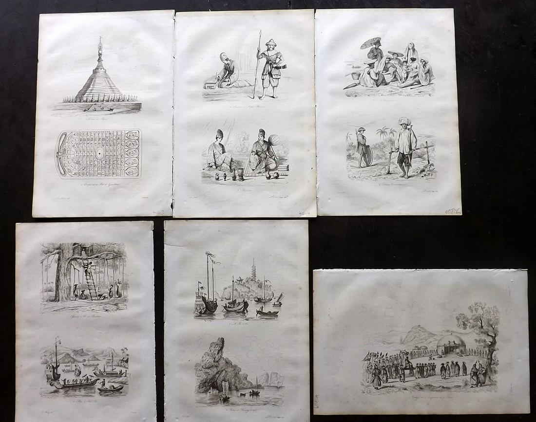 d'Urville, Dumont 1839 Lot 6 Prints. Burma, Indo-China: Etchings Published 1834 by Chez Furne et Ce, Paris for "Voyage pittoresque autour du Monde - Résumé général des voyages de découvertes..." By Jules Dumont d'Urville. Thin paper, reverse side blan