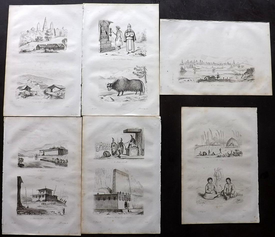 d'Urville, Dumont 1839 Lot of 6 Prints. Tibet Nepal: Etchings Published 1834 by Chez Furne et Ce, Paris for "Voyage pittoresque autour du Monde - Résumé général des voyages de découvertes..." By Jules Dumont d'Urville. Thin paper, reverse side blan