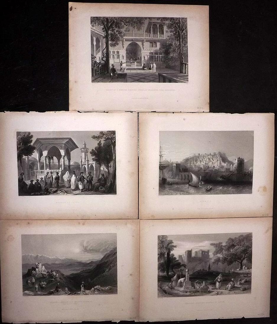 Bartlett, William 1838 Lot of 5 Holy Land Prints: Steel Engravings Published 1836-38, London for "Syria, the Holy Land, Asia Minor, &c." by William Bartlett and John Carne. Paper Size: 11 x 8 inch (28 x 21cm) Minor margin toning, images fine.