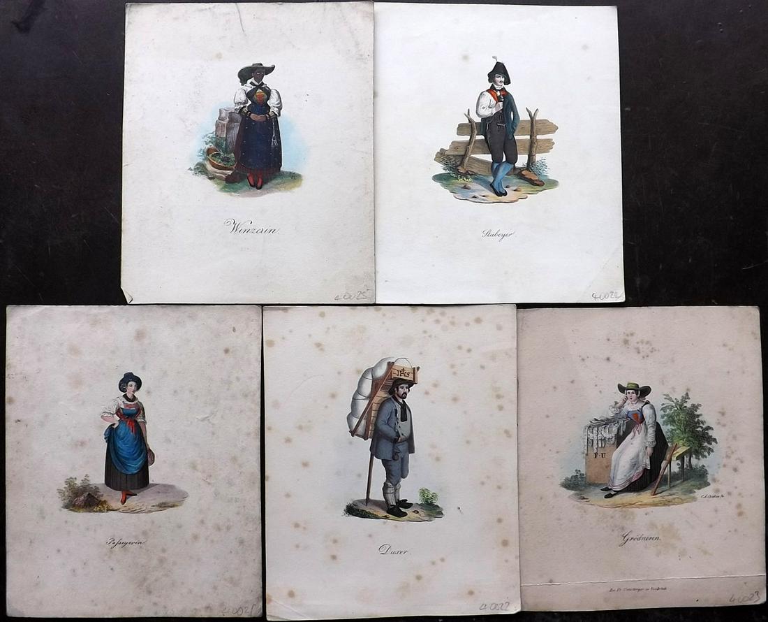 Czichna, Carl C1850 Lot of 5 HC Austrian Costume Prints: Hand Colored Lithographs Published C1850 by Franz Unterberger. Lithographed by Carl Alexander Czichna. Paper Size: 7.5 x 6 inch (19 x 16cm) Some toning present, image fine
