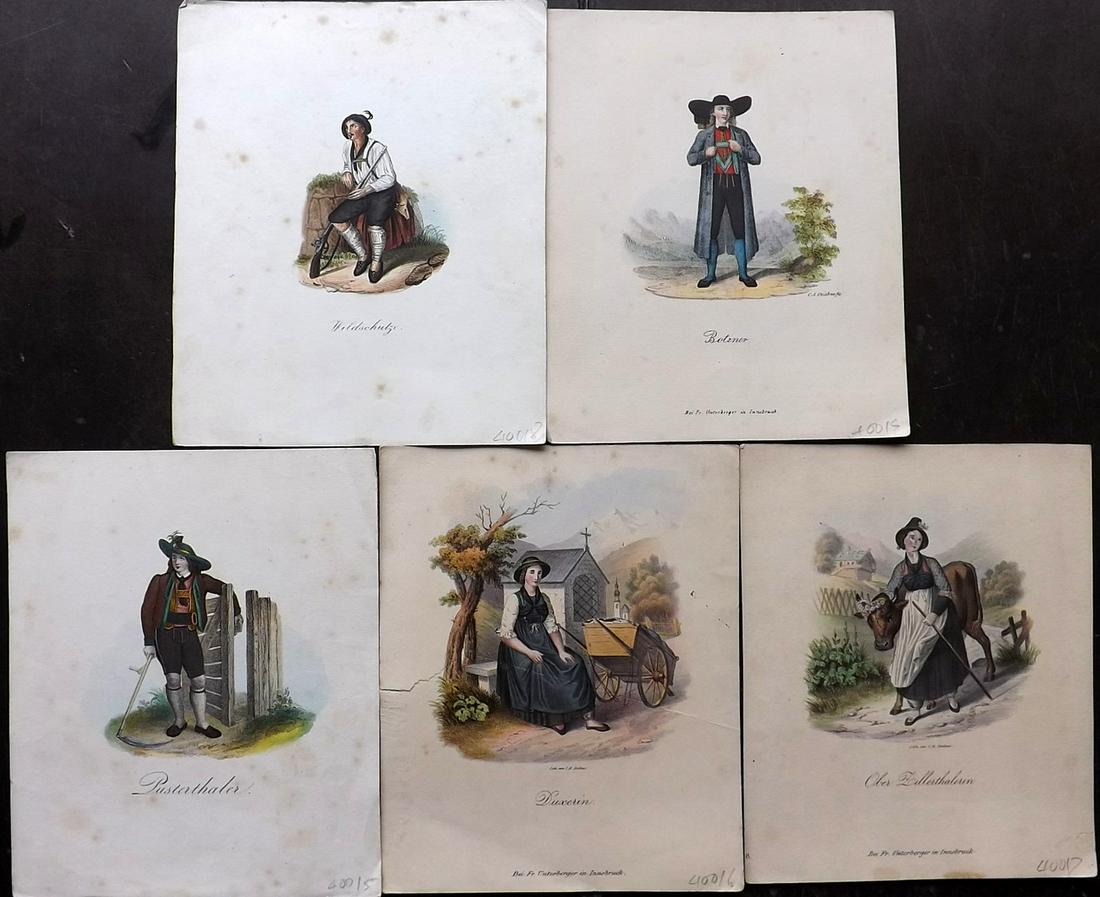 Czichna, Carl C1850 Lot of 5 HC Austrian Costume Prints: Hand Colored Lithographs Published C1850 by Franz Unterberger. Lithographed by Carl Alexander Czichna. Paper Size: 7.5 x 6 inch (19 x 16cm) Some toning present, image fine