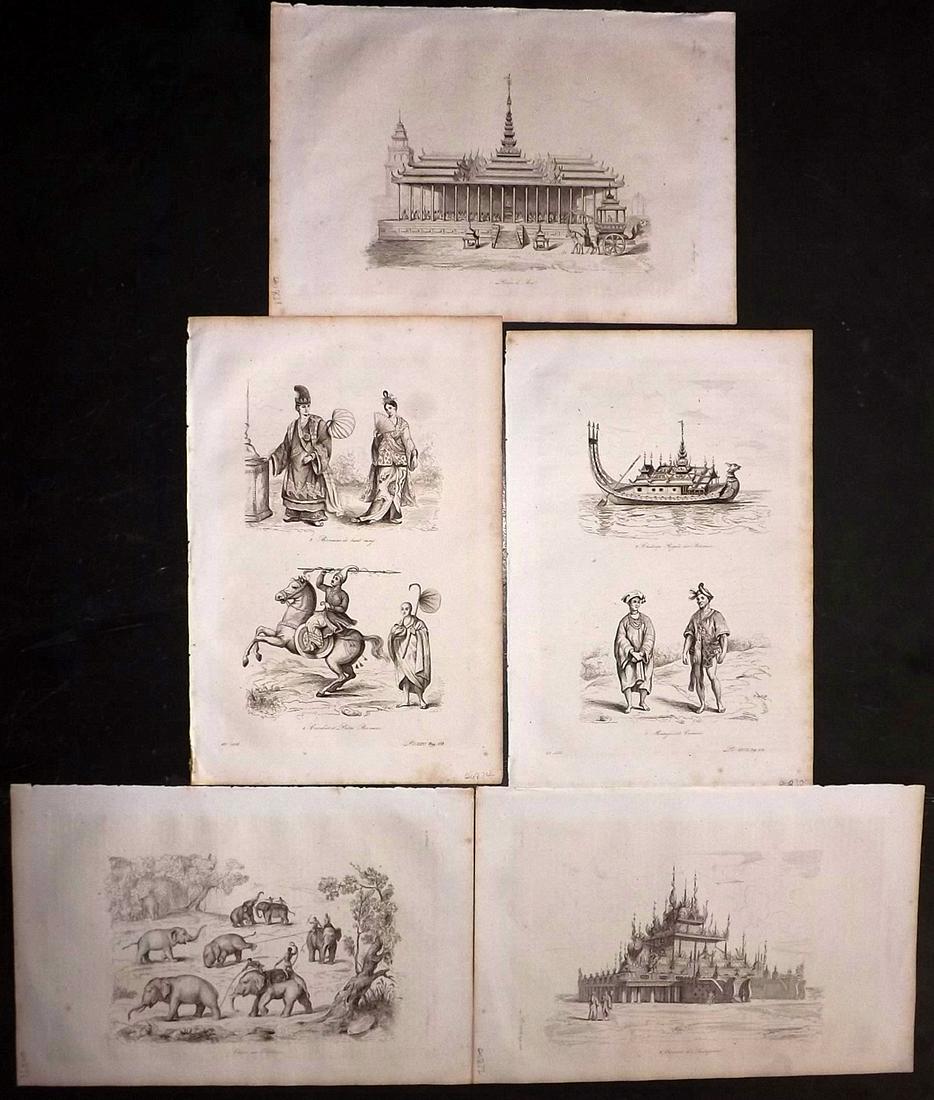 d'Urville, Dumont 1839 Lot of 5 Prints. Burma: Etchings Published 1834 by Chez Furne et Ce, Paris for "Voyage pittoresque autour du Monde - Résumé général des voyages de découvertes..." By Jules Dumont d'Urville. Thin paper, reverse side blan